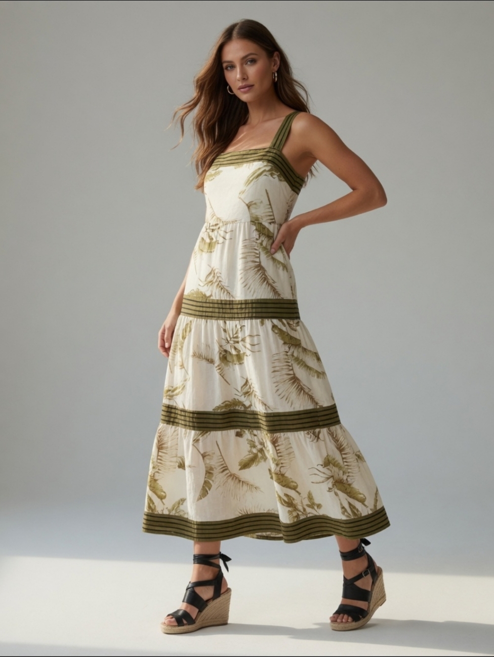 Olive & Cream Botanical Tiered Maxi Dress